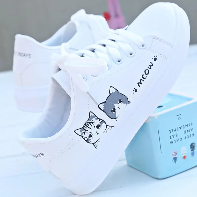 New Arrival Fashion Lace-up Women Sneakers Women Casual Shoes Printed summer Women Pu Shoes Cute Cat Canvas Shoesdr54