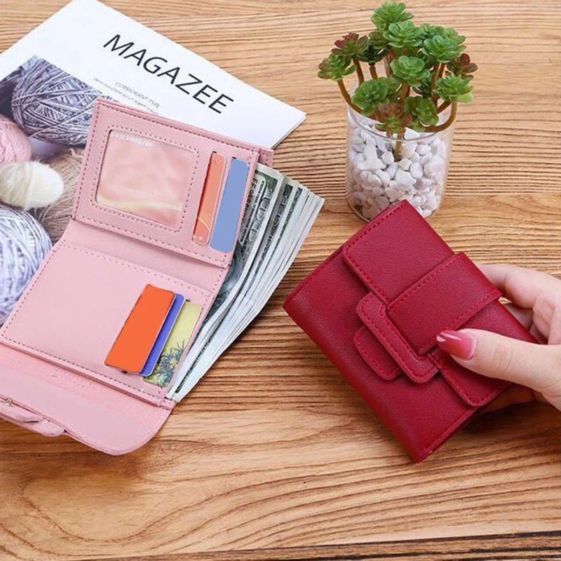 

Women Short Wallets PU Leather Female Buckle Purses Multi Card Holder Wallet Fashion Woman Small Zipper Wallet Photos Coin Purse