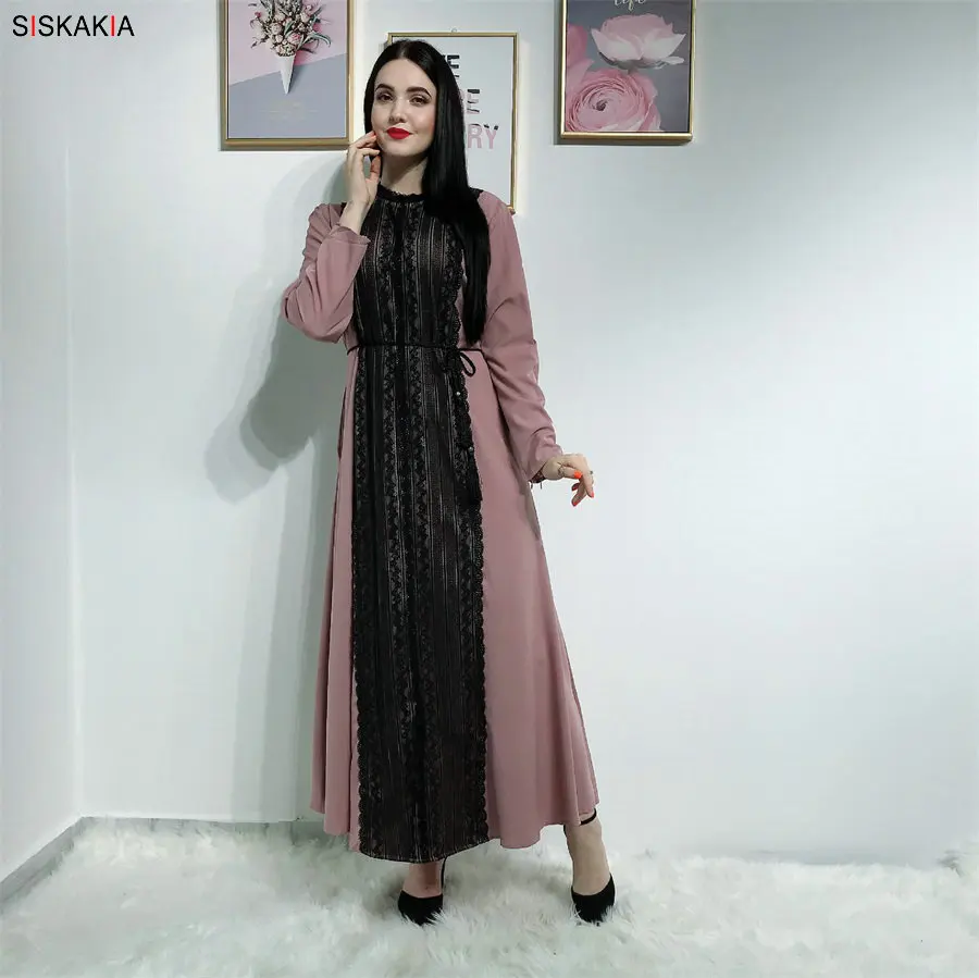 Siskakia модное кружевное лоскутное мусульманское длинное платье, элегантное уличное платье для женщин, круглый вырез, длинный рукав, качели, макси платья, осень, Новинка