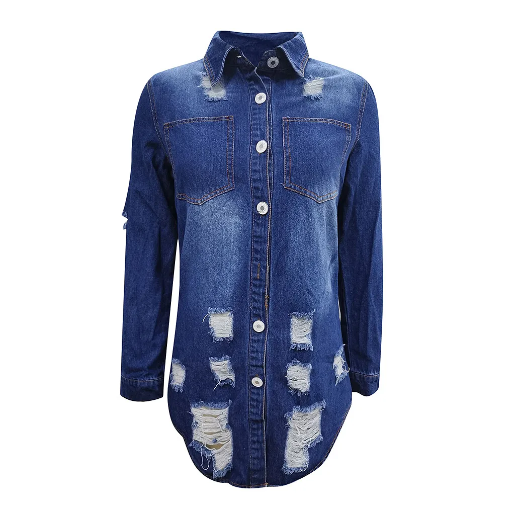 

Denim Jackets Women's Blue Coat 2020 Autumn Denim Jackets for Women Jeans Single Breasted Denim Holes Long Coats Female Z0803