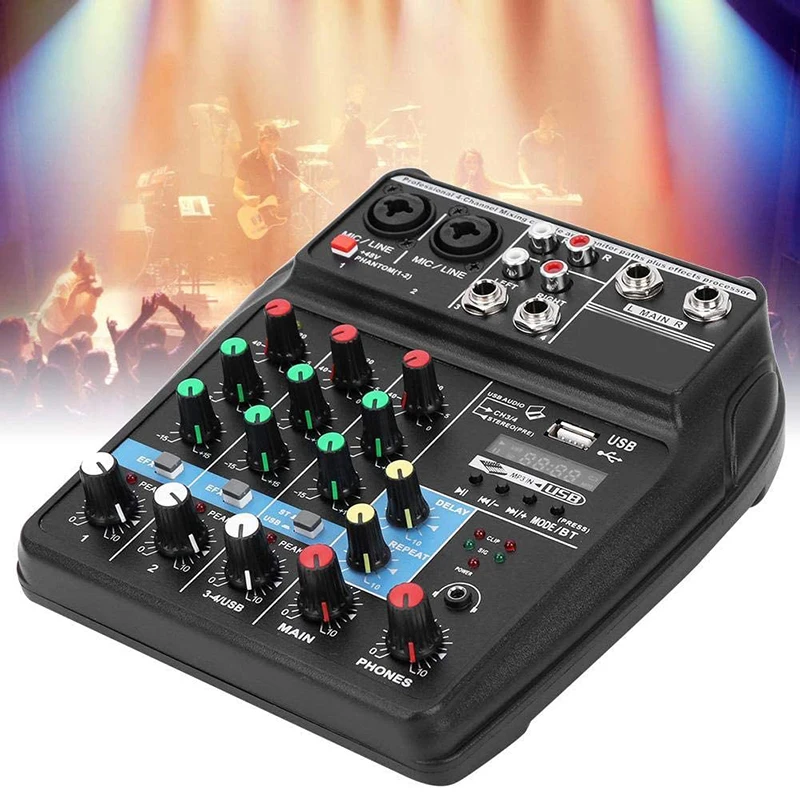 

4Channels Audio Mixer Sound Mixing Console With Bluetooth-compatible USB Record 48V Phantom Power Monitor Paths Plus Effects Use