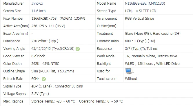 N116BGE-EB2  NT116WHM-N42 N12 B116XTN02.3 B116XTN02.1 N116BGE-EA1 N116BGE-EA2 M116NWR1 R7  -  30PIN eDP