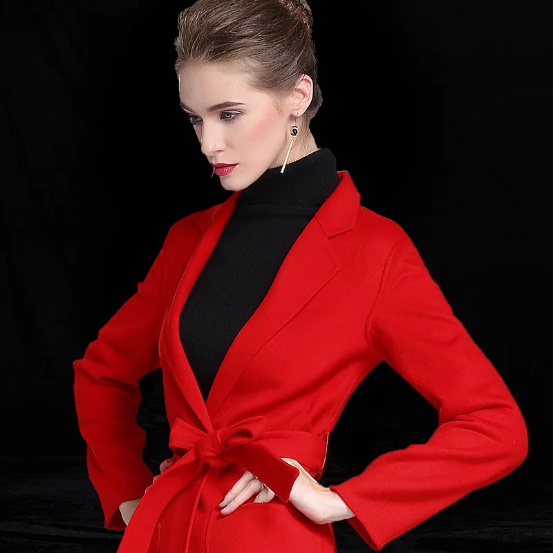 

Женское длинное кашемировое пальто, красное, черное двустороннее шерстяное кашемировое пальто верблюжьего цвета, большие размеры, Осень-зи...