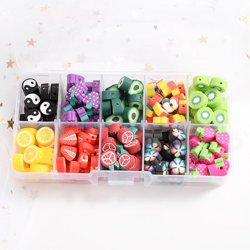 

Approx 200Pcs/Box 10 Grid Fruit Shape Polymer Clay Spacer Beads For Jewelry Making Girls Diy Bracelet Loose Round Candy Beads