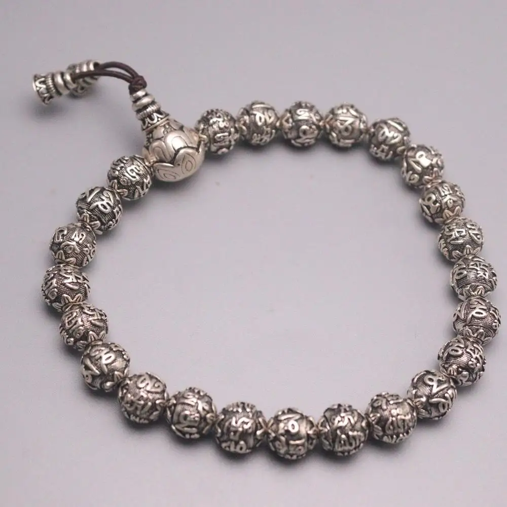 

Real 999 Silver Bracelet For Women Man Lucky Sutra Mancrame Heart Word Individuality 7.5mm Retro Lotus Beads Lucky Bracelet