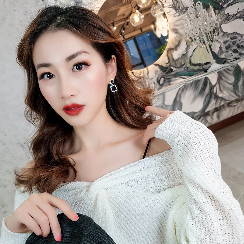 Earrings Black Round Square Star Pendant Geometric Women's Earrings Crystal Luxury Wedding Banquet Rhinestone Earrings
