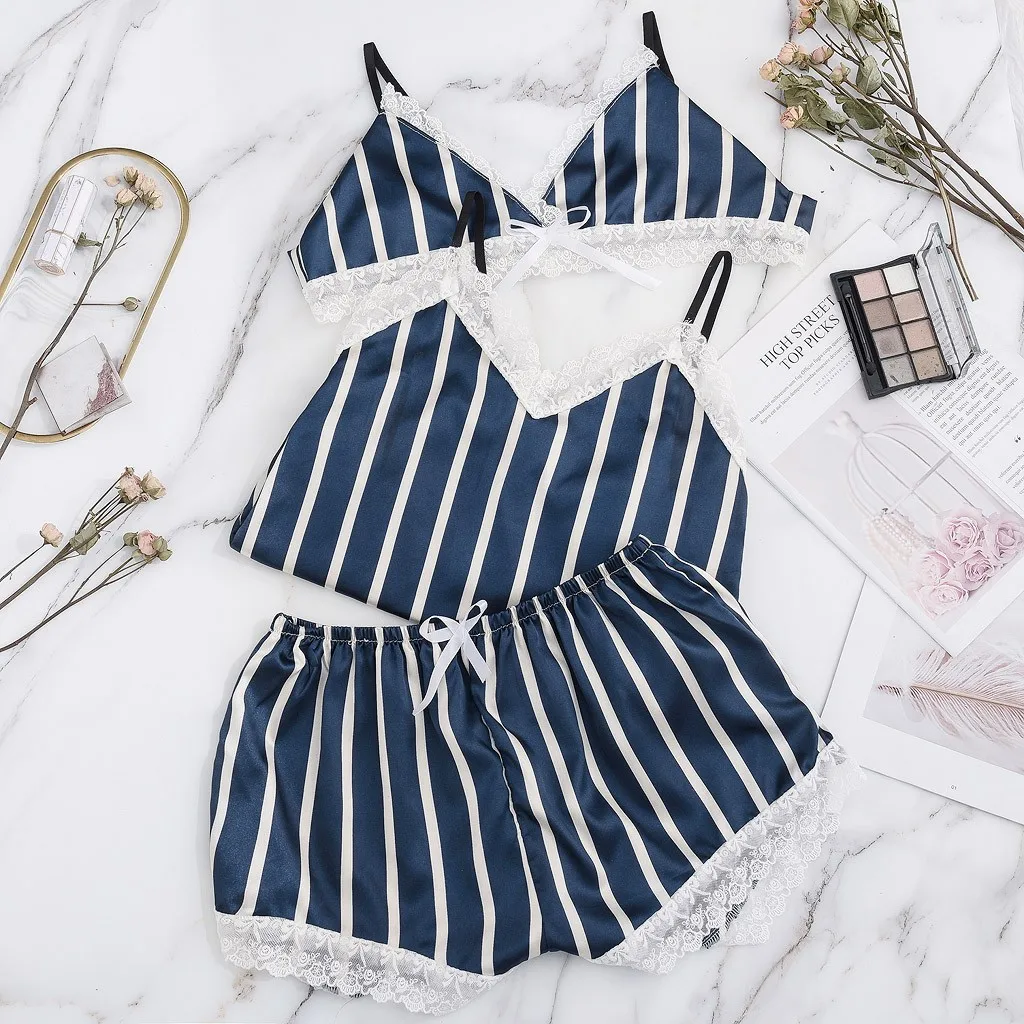 

Комплект из 3 предметов, в полоску, пижамный комплект атласное сексуальное кружевное платье с v-образным сна Для женщин летний пижамный комп...