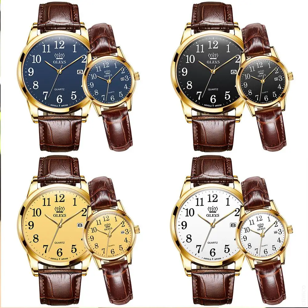OLEVS Couple Quartz Watch Waterproof Fashion Watches Casual Luxury Dress Genuine Brown Leather  Wristwatch Lover Watch Gifts Set