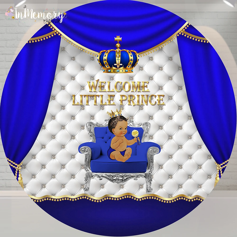 

Royal Blue Prince Round Backdrop Cover Curtains Crown Baby Shower Newborn Circle Background Party Decoration