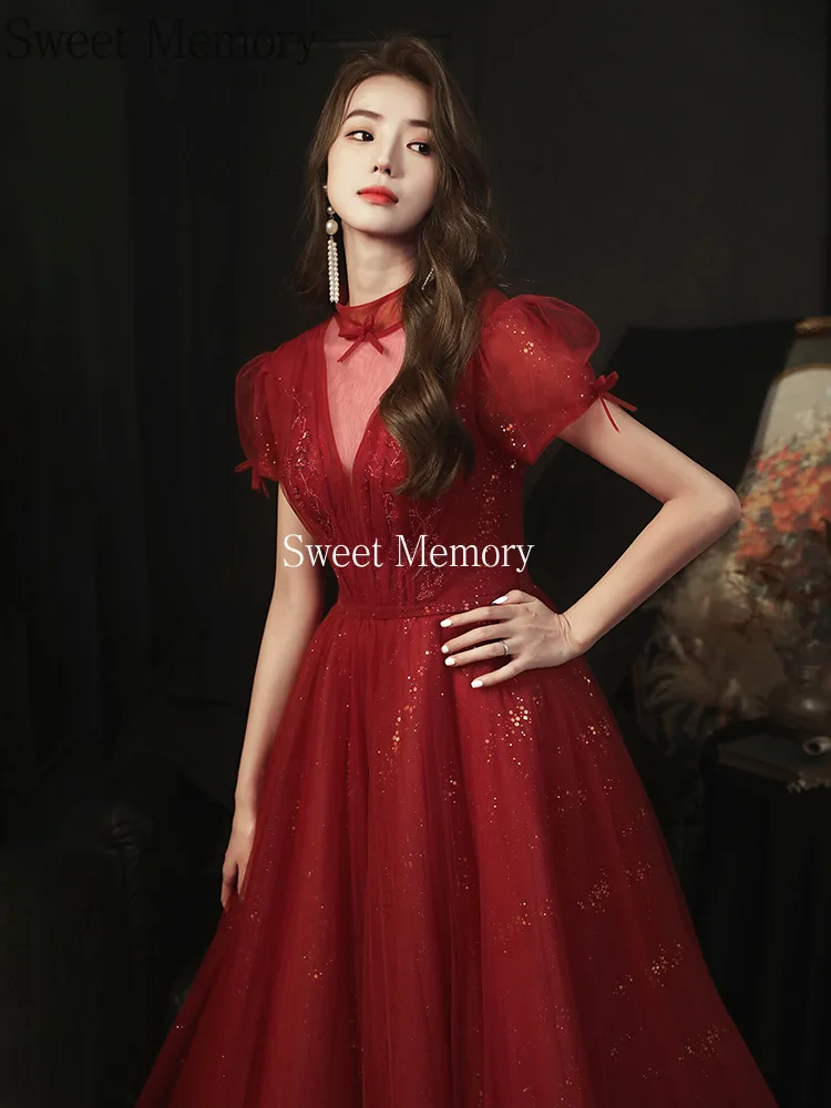 

J2168 Sweet Memory Wine Red Tea Length Backless Evening Dresses 2021 Bridal Banquet Lace Up Evening Dress For Wedding Party