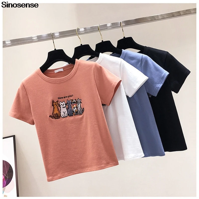 Женская футболка с вышивкой кошки однотонная черная или белая из 100% хлопка