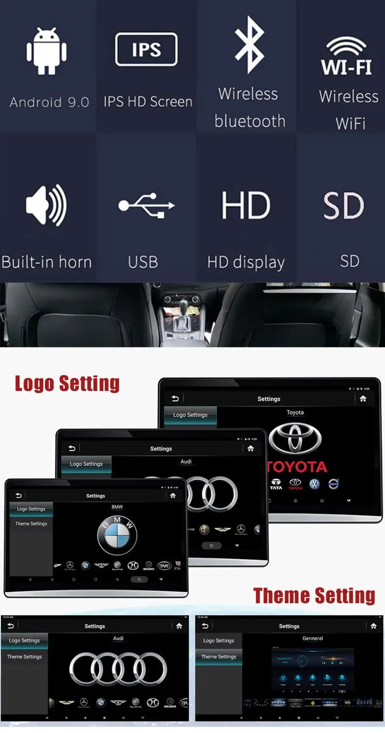 Монитор для подголовника автомобиля 13 3 дюйма 8 ядер Android 9 0 IPS Wi-Fi Bluetooth HDMI FM