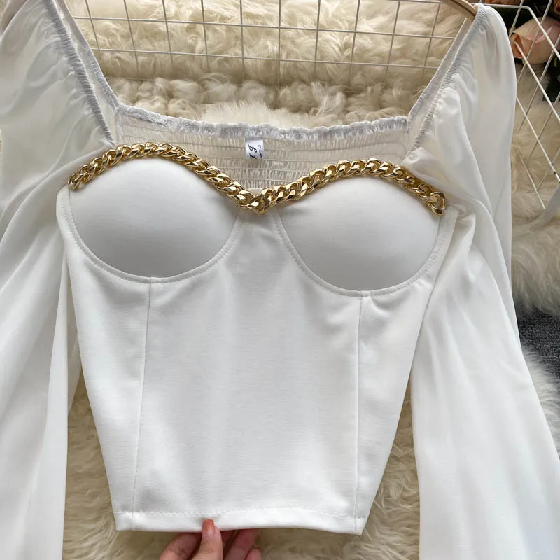 Autumn Clothes New Women Long Sleeves T-shirts Casual Slim Vintage Aesthetic Chain Palace Femme Crop Top Solid Sexy Streetwear