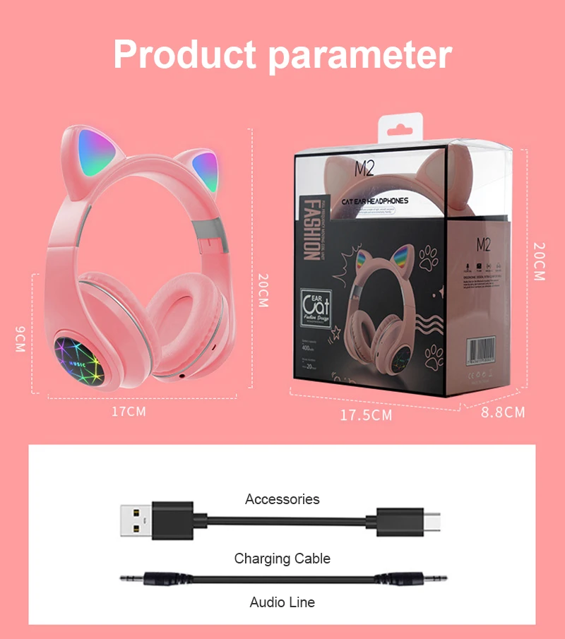 

Kids Bluetooth 5.0 Wireless LED/Mic Headphone Glowing Cat Ear Bluetooth Headset Music Headset For Handsfree Support TF Card Play