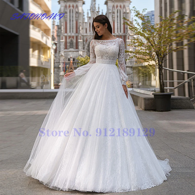 

Elegant Boho Ball Gown Lace Wedding Dress Long Sleeves Scoop Neck Applique Tulle Bride Custom Made Vestido De Noiva Robe Mariée