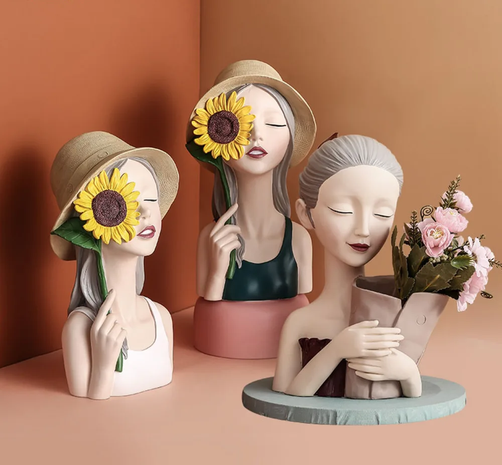 Girl Statue Holding Flower Resin Vase Arts And Crafts Ornaments Home TV Wine Cabinet Decoration Storage Pot Flower Pot
