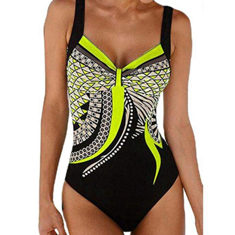 Green swimsuit Винтажный купальник с принтом без спинки размера плюс, женский купальник, Цельный Монокини, женский купальник большого размера, купальный костюм XXL - Цвет: Green swimsuit