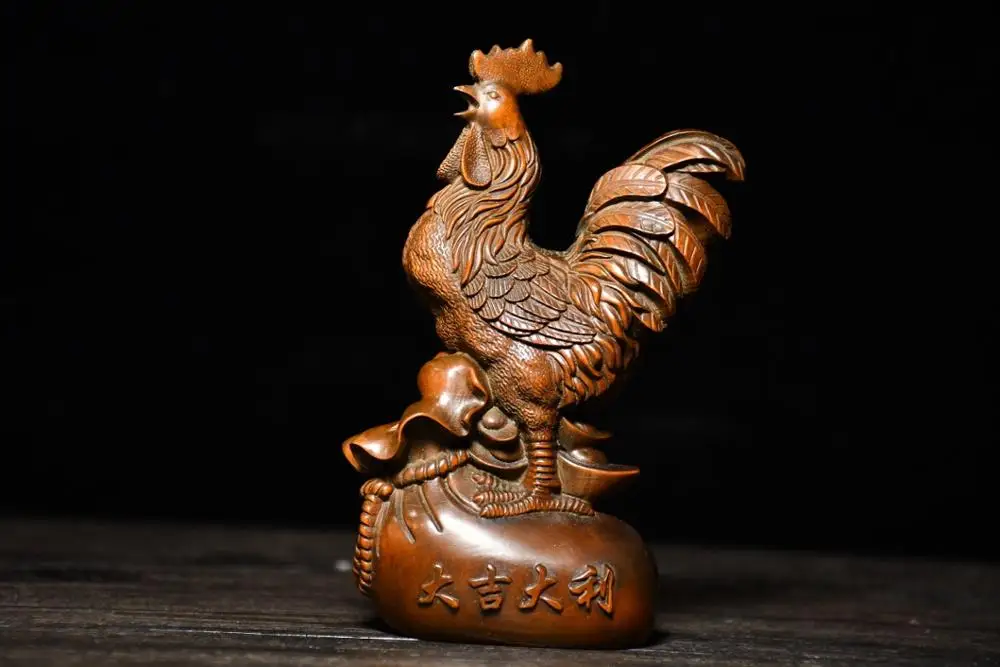 

4" China Lucky Seikos Boxwood Chinese Zodiac Chicken Statue Rooster ingot wood carving Implying fortune and treasure