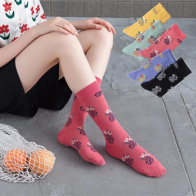 Осенне зимние новые носки с фруктами из чесаного хлопка ананасами и цветами