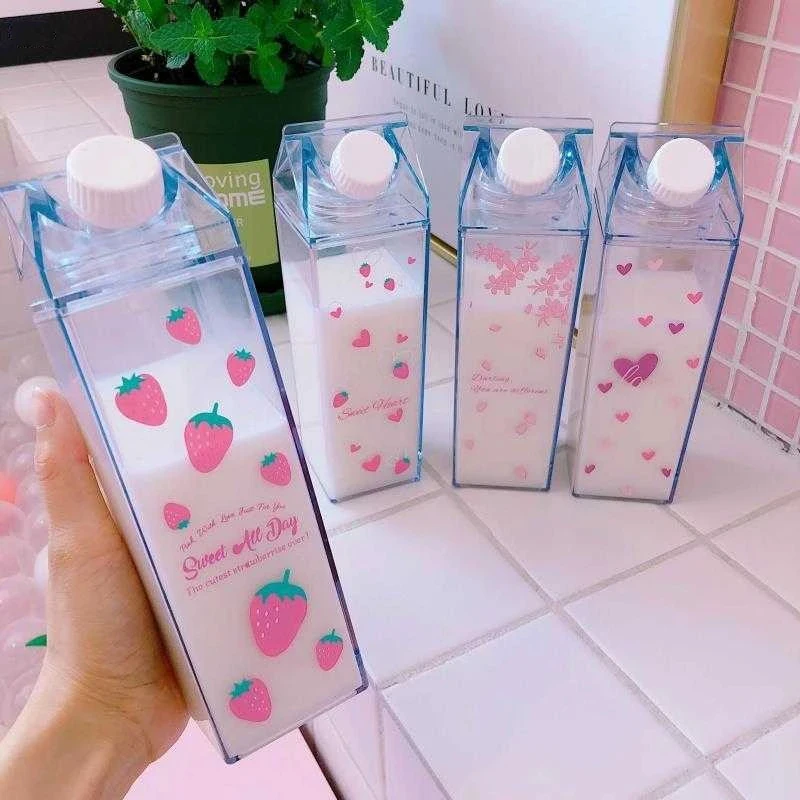 

500ML Creative Cute Plastic Clear Milk Carton Water Bottle Fashion Strawberry Transparent Milk Box Juice Water Cup for Girls