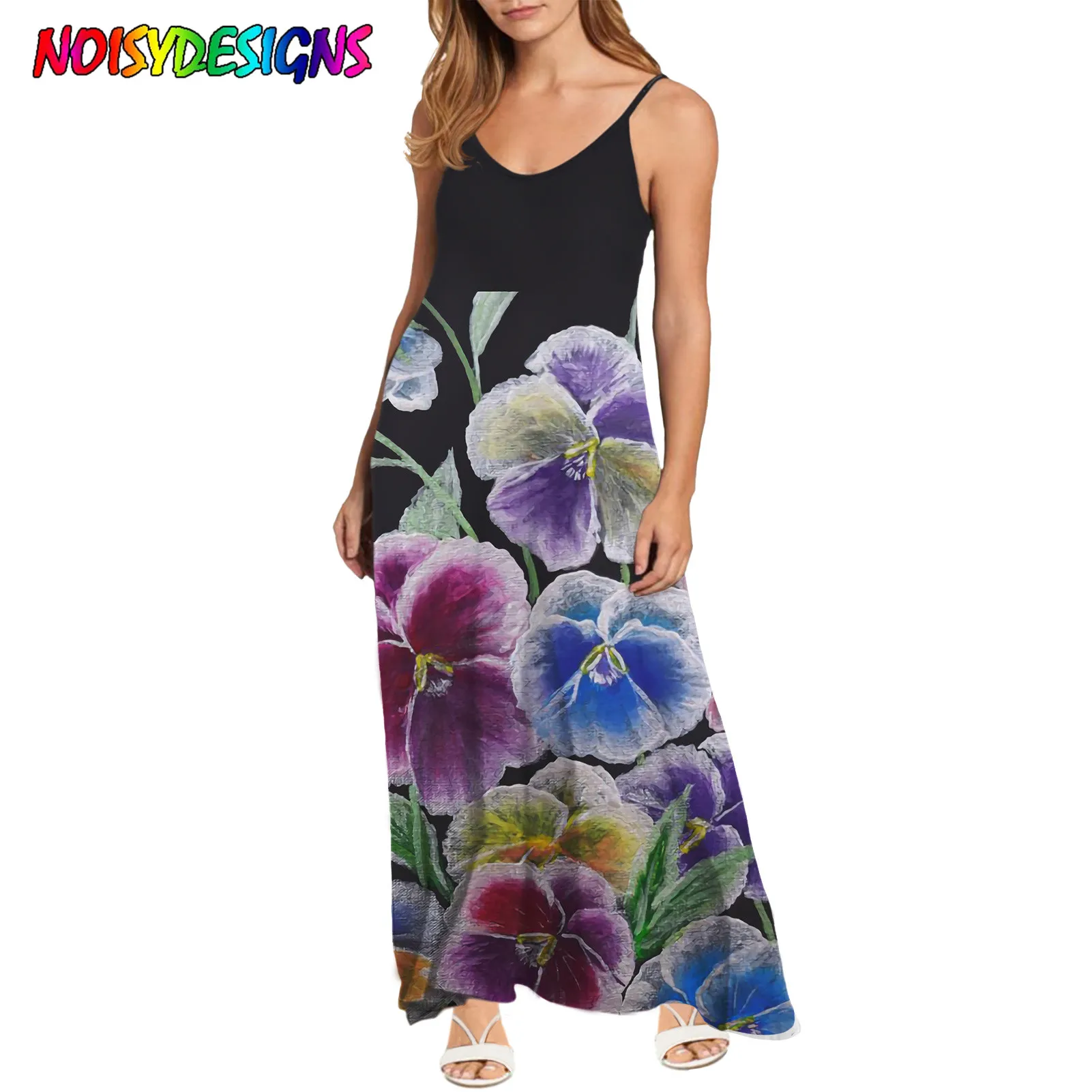 NOISYDESIGNS Women's Dress Sling Strap Dresses Pansy Flowers Pattern Black Summer Dress Ropa Mujer Sukienki Letnie Robe Femme