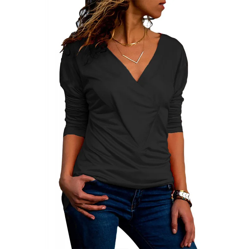 

Female Tees Classical Europe Style Hot Sales Elegant V-neck Long Sleeve Office Lady Basic T-shirt Woman Top Slim