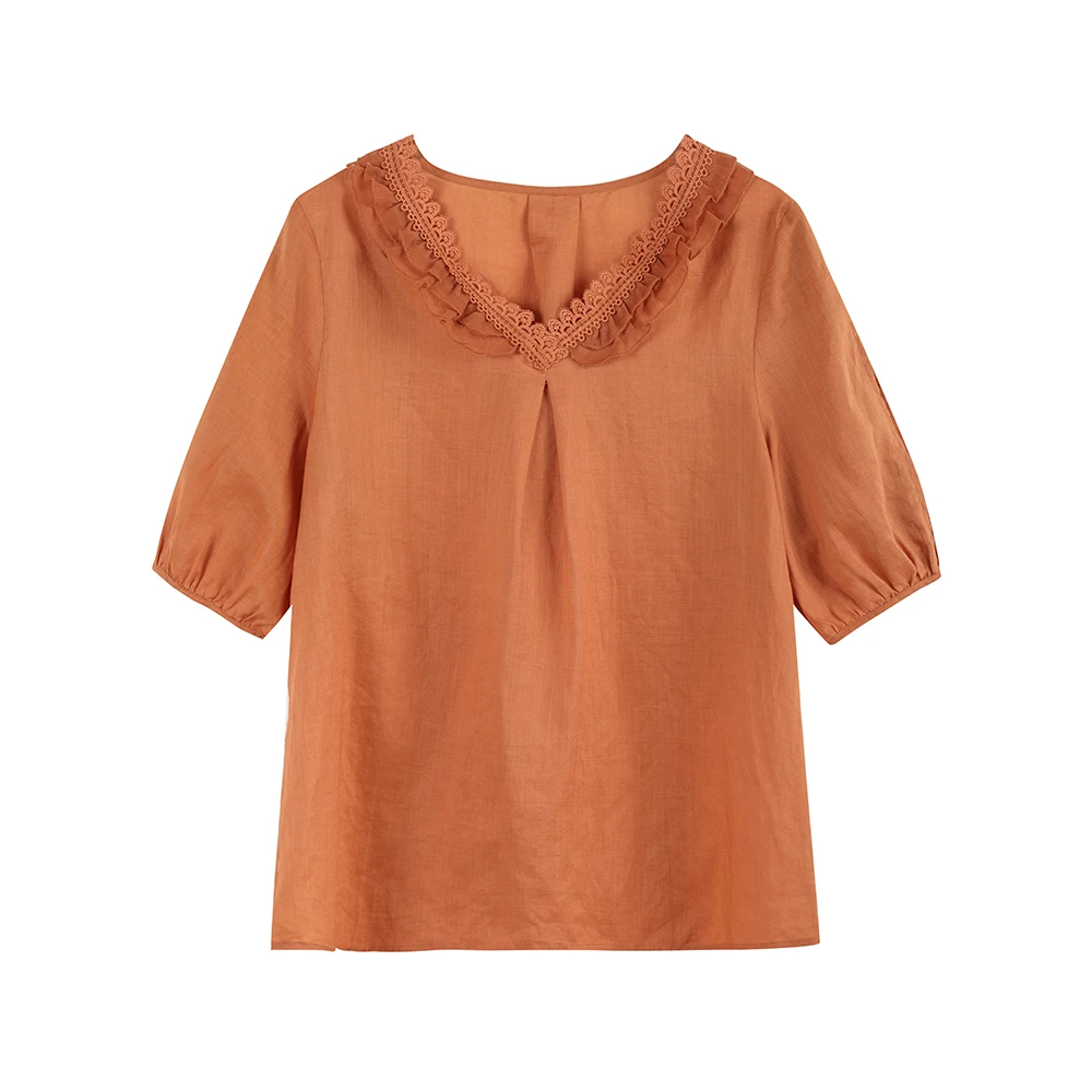 

2021 Woman Summer Good Quality European Elegant Style Lace Loose Puff Sleeves V-Neck Shirt