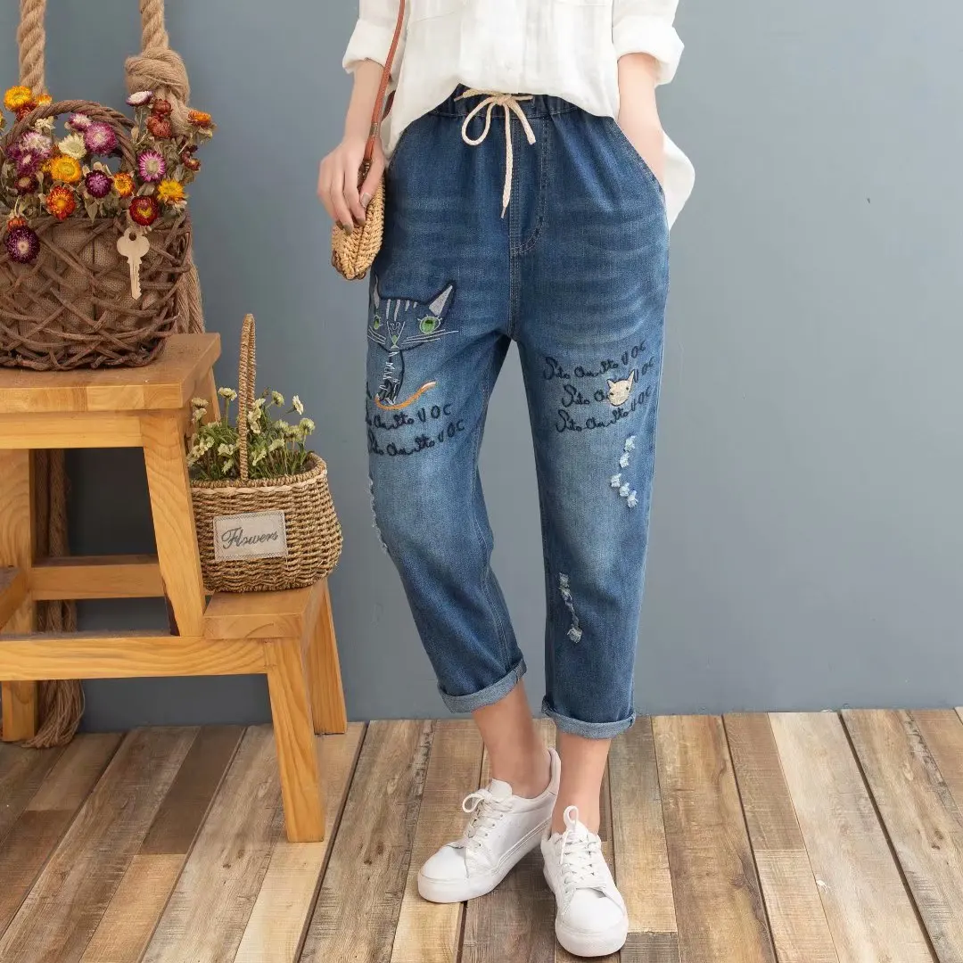 Новинка лета 2020 женские джинсовые брюки с вышитыми цветами свободный
