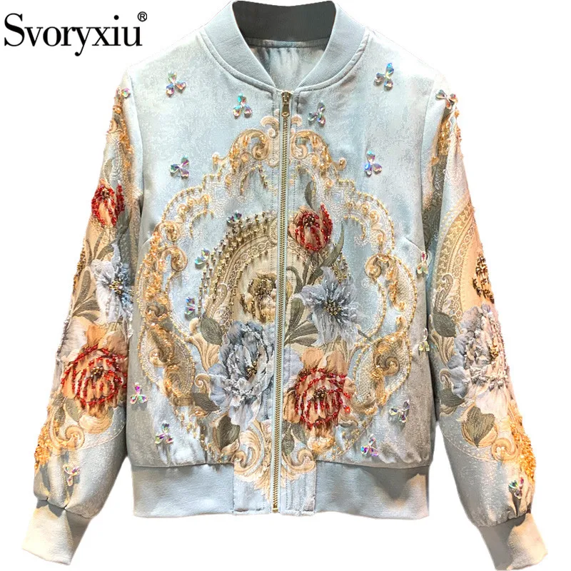 

Svoryxiu Designer High-End Autumn Winter Fashion Jacket Coat Women's Long Sleeve Beaded Print Jacquard Vintage Outwear