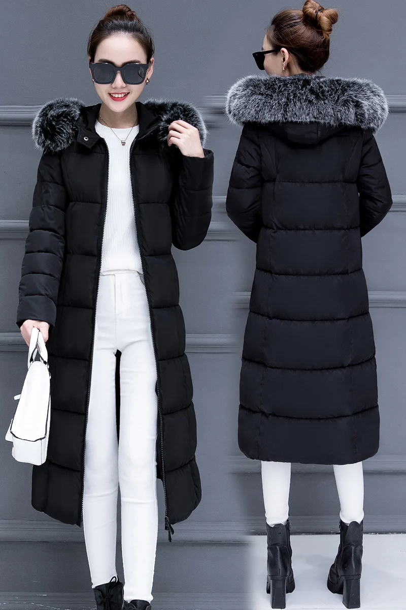 

Winter Slim Large Size Thick Warm Down Jacket Long Section Over The Knees Lady Cotton Coat Fur Collar Hooded Jacket