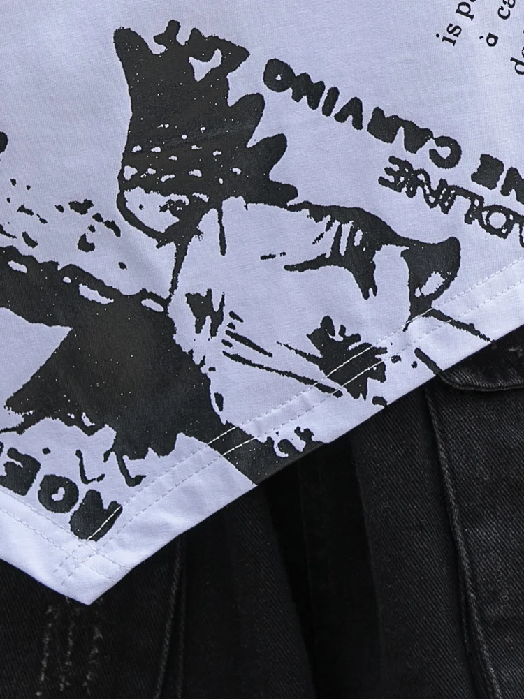 

QING MO White Irregular Letter Print T-shirt Women 2021 Summer Off The Shoulder T-shirt Fashion Loose Female T-shirt QYF307A