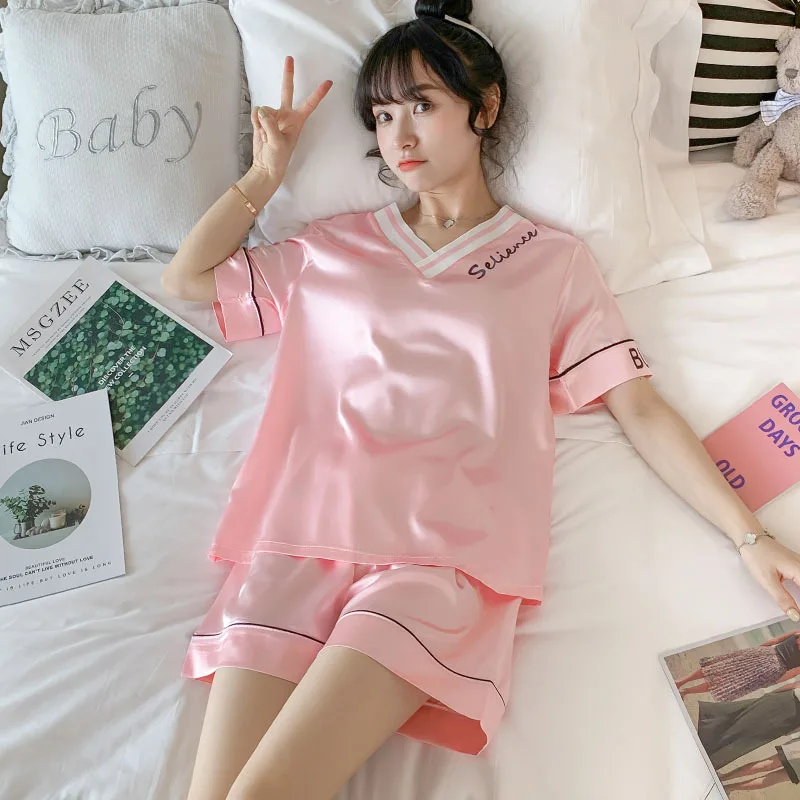 

Ladies pajamas Short sleeve suit Casual and comfortable Ice silk pajamas Cute and sweet Tracksuit Cartoon Summer new style Rayon