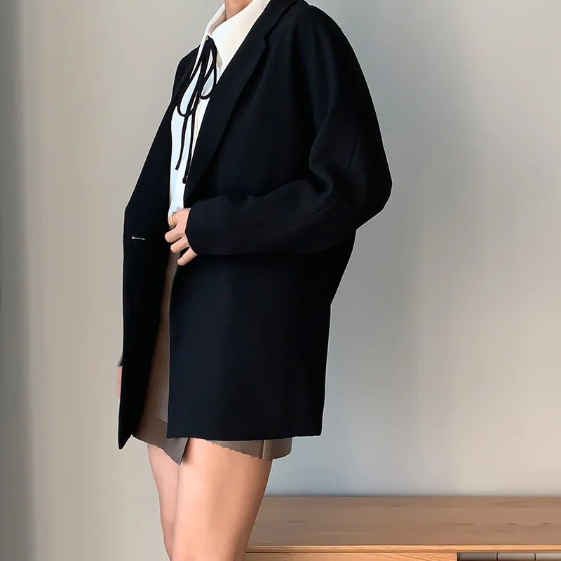 Женский двубортный Блейзер на пуговицах черная Повседневная Свободная куртка с