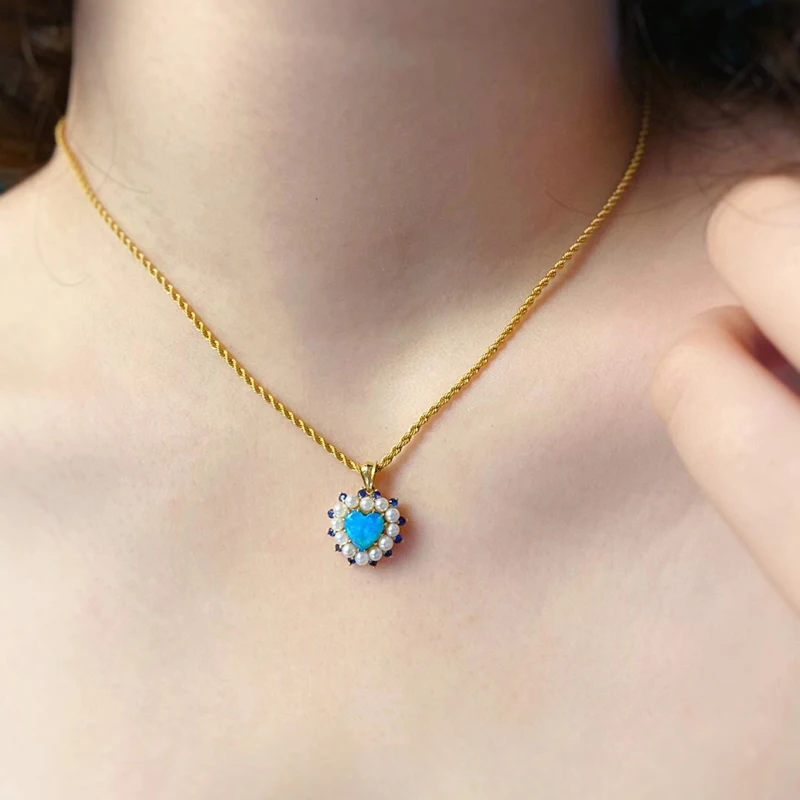 

AINUOSHI 18K Gold Heart Shape 0.70ct Natural Opal Real Sapphire AKOYA Pearl Pendant Necklace for Women Personalise Jewelry 18''