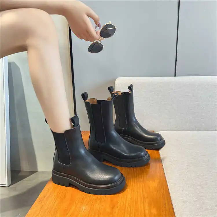 

Leather thick soled Chelsea boots British chimney boots Mona same boots side zipper Martin boots women