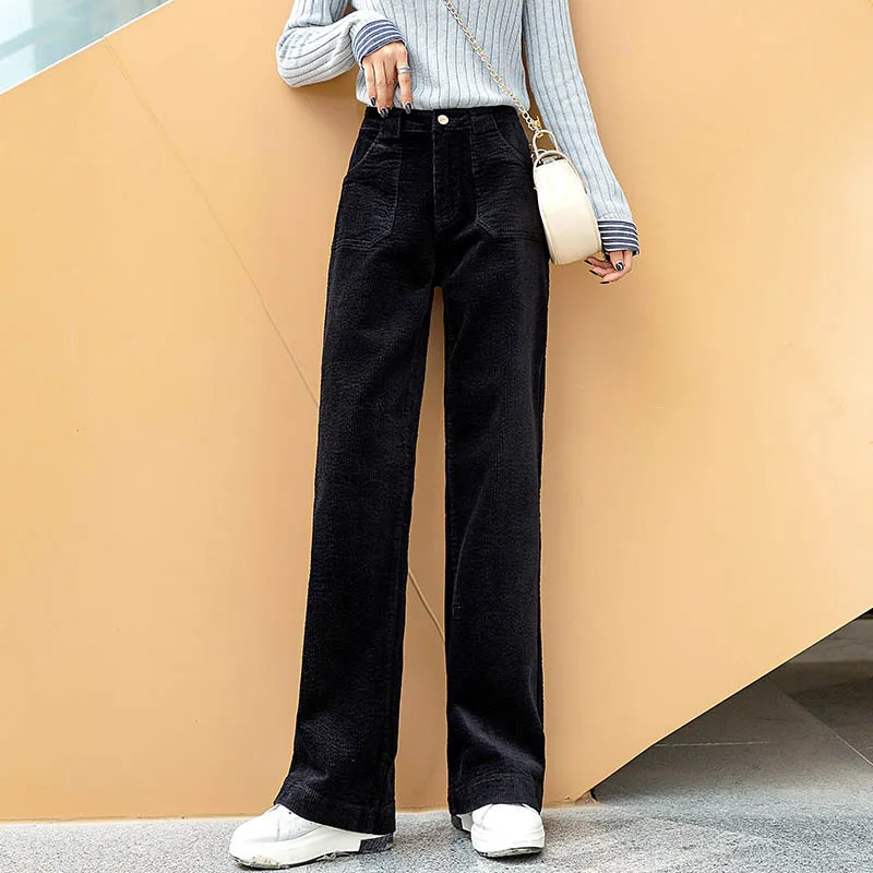 

New High Quality White Elegant Jeans Corduroy High Waist Full Length Casual Zipper Fly Wide Leg Pants Plus Size 26-30 31 32 33