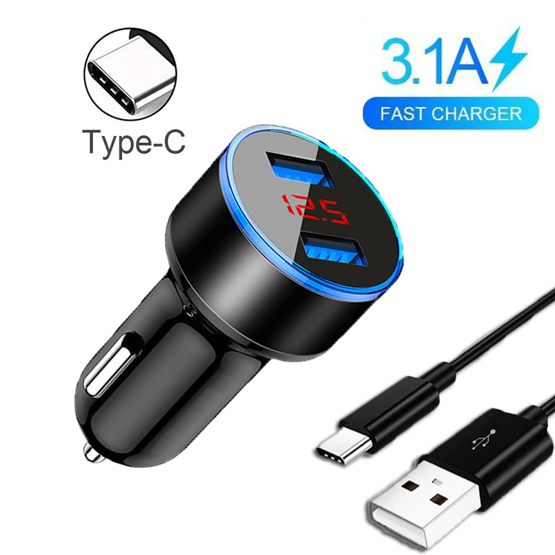 

3.1A Dual USB Car Charger Type-c USB Cable Fast Charging For Huawei Mate 20 10 P30 P20 Lite Pro Honor 10X 9X Lite 20 10 9 8