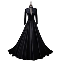black arabic muslim evening formal dress sheer long sleeve gothic satin prom party gown vestidos fiesta robe de soiree