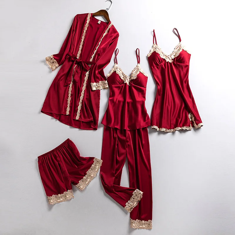 

Lace Trim 5PCS Pajamas Set Women Satin Sleepwear Silky Kimono Gown Female Casual Sleep Set Loose Pyjamas Suit Home Clothing