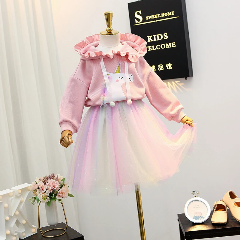 

Baby Girls Clothing Sets Sweet Kids Baby Cartoon Hoodies And Rainbow Color Mesh Skirts Outfits Children Korean Style Suits