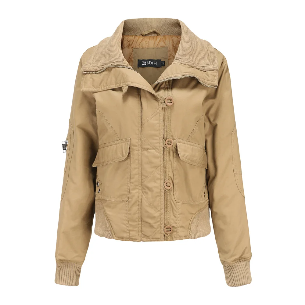 

New Women Short Cotton Padded Jacket Female Winter Warm Parker Overcoat High Collar Rib Cotton Outerwear Green