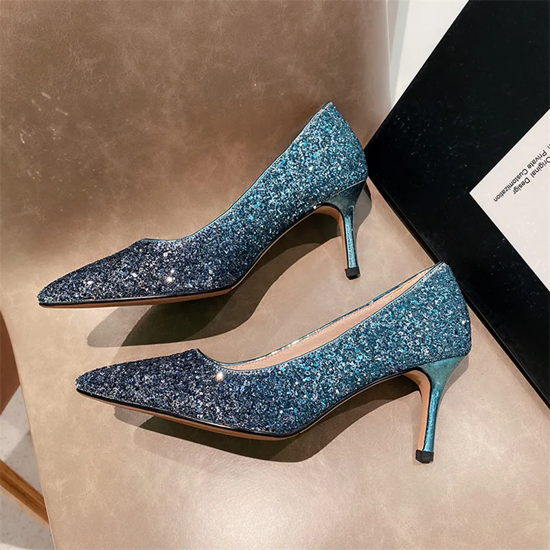 

ANNYMOLI High Heels Women Pumps luxury glitter Thin High Heels Party Shoes Bling Mixed Colors Pointed Toe Shoes Lady Size 34-39