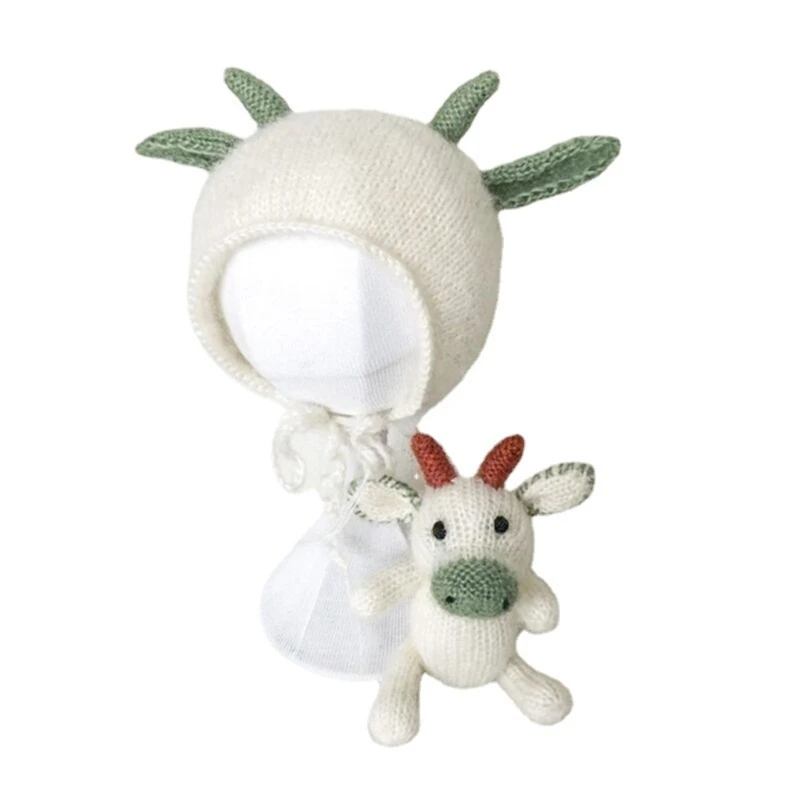 

2 Pcs Baby Knit Cow Hat Doll Set Crochet Beanies Newborn Photography Props Infants Photo Shooting Posing Accessories