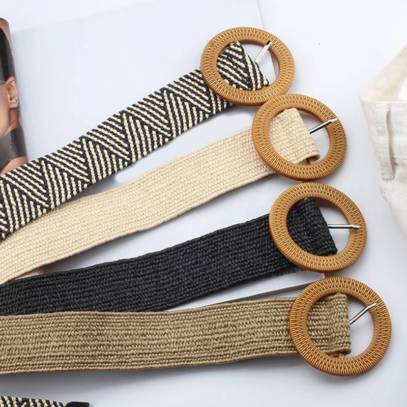 

4.5cm Women Braided Elastic Belt Round Buckle Square Button Fashion Girdle Bamboo buckle Wood Buckle Jade Buckle belts