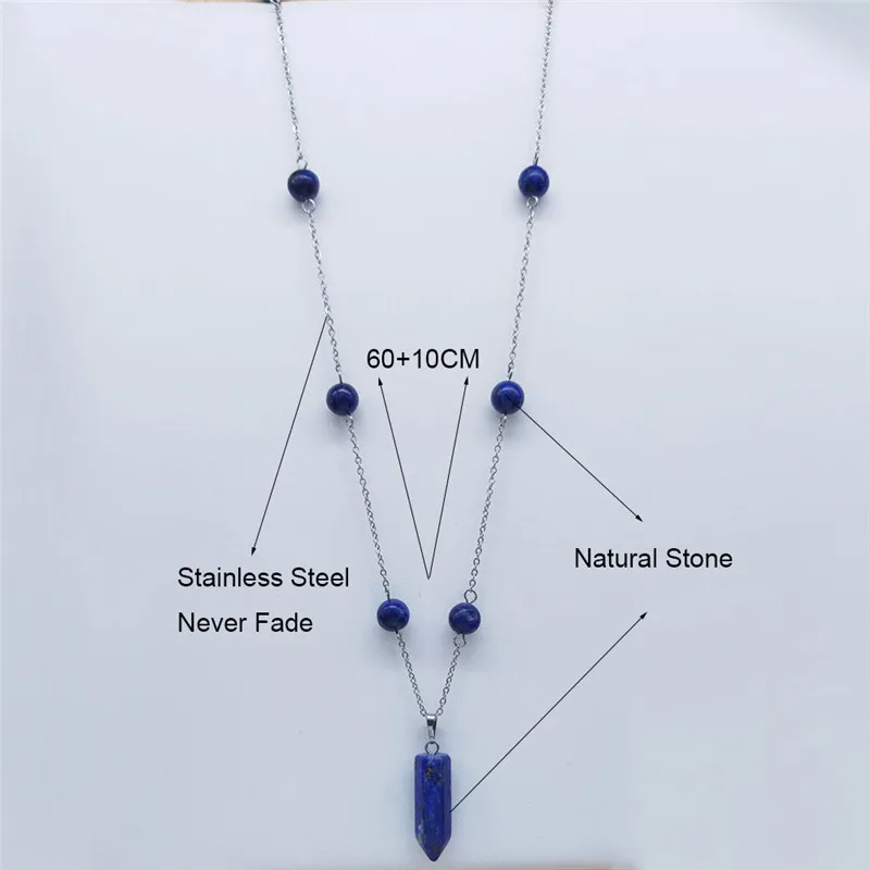 

Hexagonal Column Quartz Natural Stone Stainless Steel Statement Necklace Women Blue Color Long Necklace Jewelry mujer NG76S04
