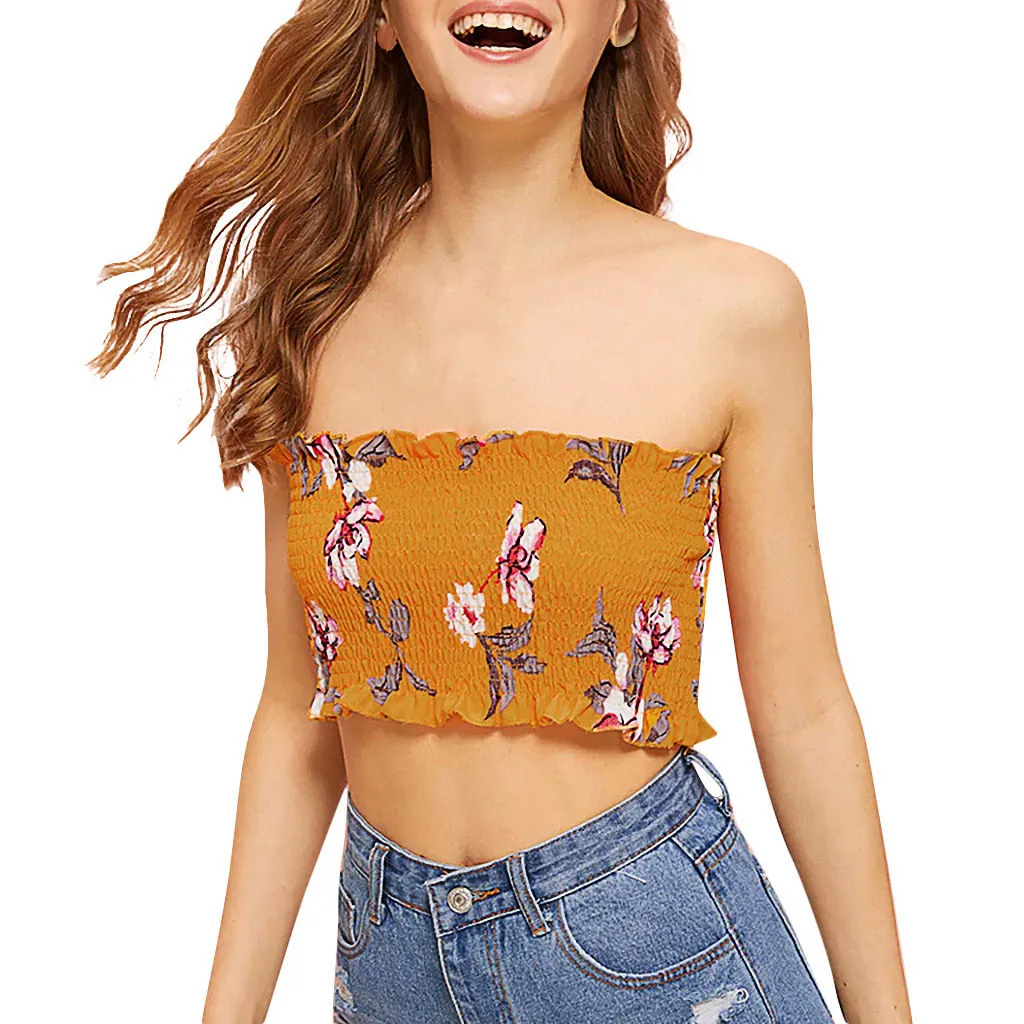 Женский Летний Топ без бретелек сексуальный однотонный топ с цветочным принтом