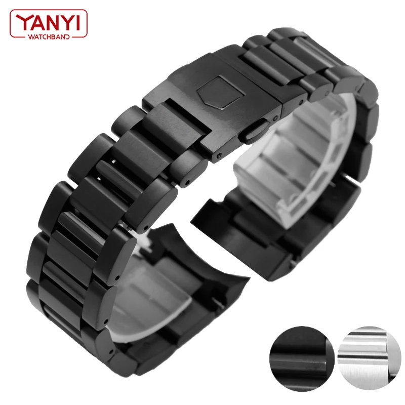 stainless steel watchband 22mm solid metal band Curved end Watch strap mens watch bracelet silver black color