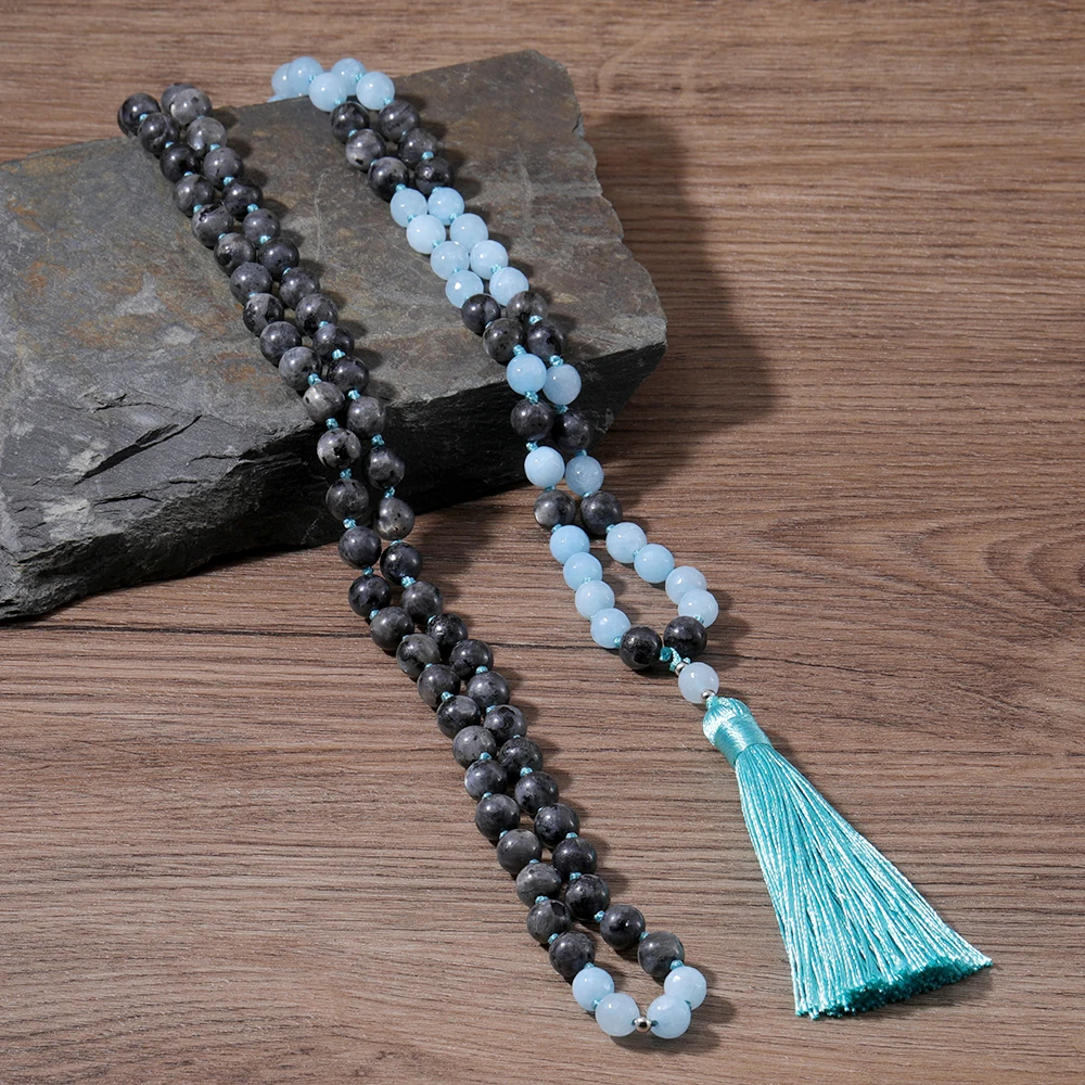 

OAIITE 8mm Natural Labradorite Beads Mala Necklace For Women Men Meditation Japamala 108 Beads Tassel Rosary Necklace Jewelry