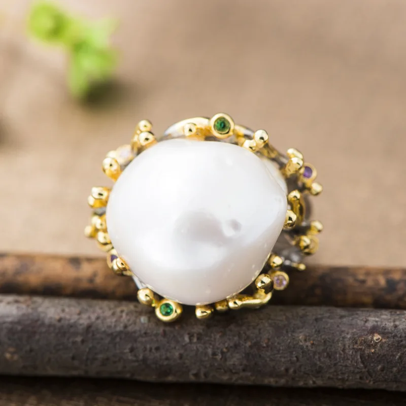 Барокко жемчужное кольцо Настоящее 925 пробы серебро преувеличенные творческие