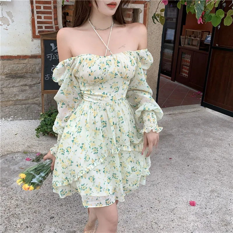 

Korean Mori Girl Elegant Sweet Dress Summer Kawaii Girl Floral Chiffon Mid-Length Dress New Square Collar Yellow Dress One-Piece